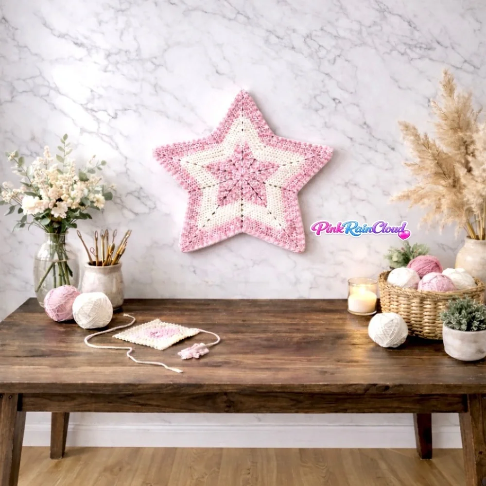 HandMade Crochet Star Shaped Pink White Center Piece / Wall Decor PinkRainCloud